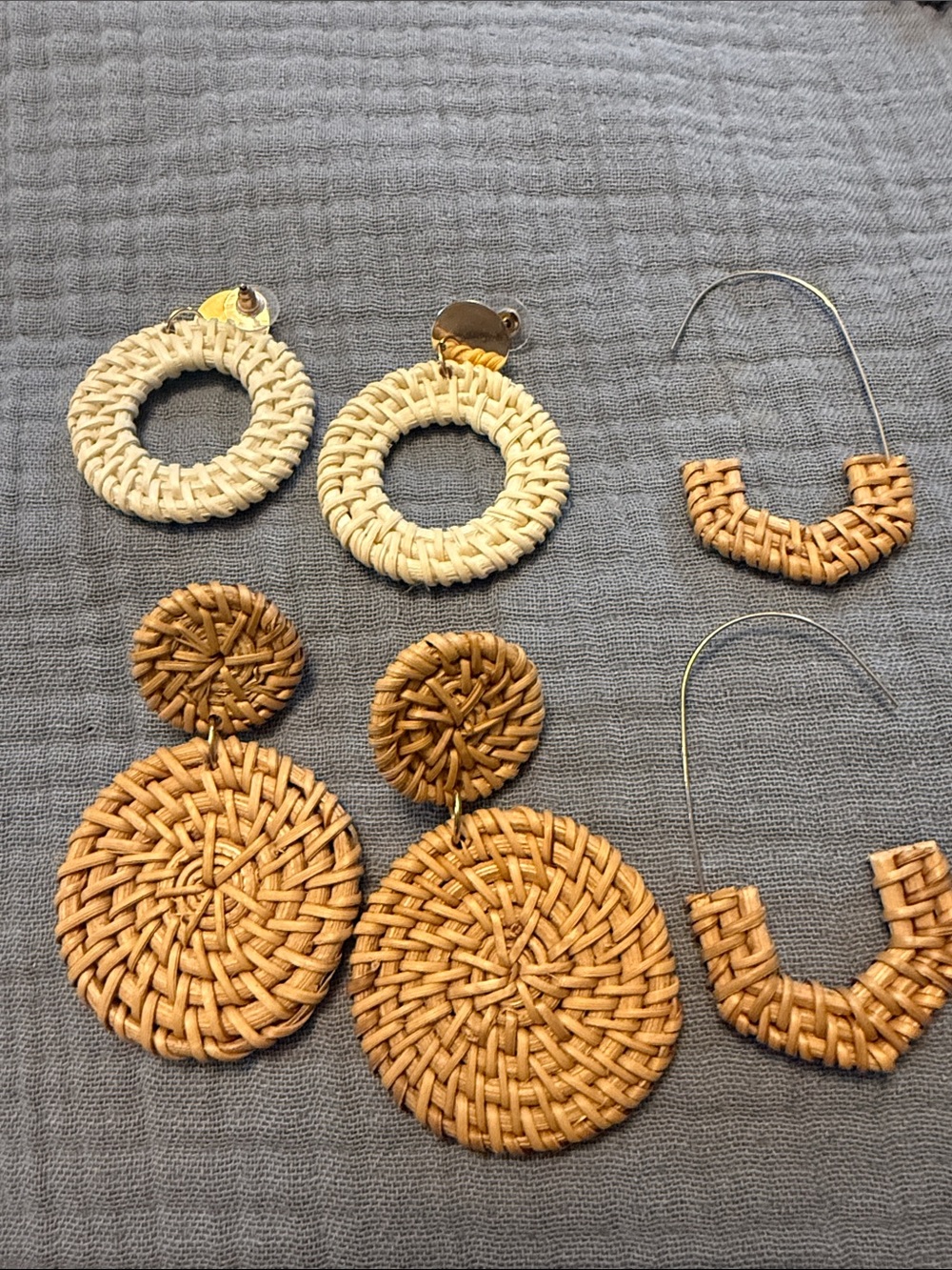Woven Rattan Hoop & Disc Earrings Set - Natural Tan & Cream. Three pairs NEW